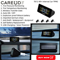 CAREUD T812-NF + จอ LCD แบบไร้สายภายในรถยนต์ TPMS ระบบตรวจสอบความดันลมยางพร้อมเซ็นเซอร์ 4 เซลล์แสงอาทิตย์ USB ชาร์จเร็ว