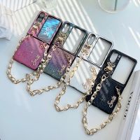 เคสโทรศัพท์แบบด้านระยิบระยับไล่ระดับสีสำหรับออปโป้ไฟนด์ N2พลิก5G พร้อมเพชรหมีมุกโซ่มือสำหรับค้นหา N2พลิกปกสีบริสุทธิ์