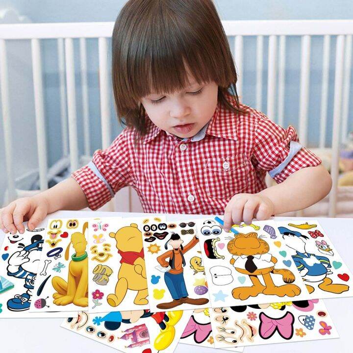 8sheets-disney-cartoon-puzzle-stickers-make-a-face-mickey-donald-duck-cute-children-diy-game-jigsaw-kids-toys-party-decoration