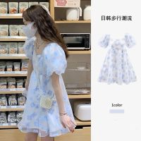 【Ready】? break sle sqre neck floral dress womens summer high-end tempeent waist prcess y