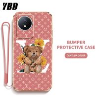 YBD เคสสำหรับ โทรศัพท์ Vivo Y02 Y02A Y02T ตุ๊กตาบาร์บี้ Y02T หมีน้อยน่ารักลายหรูหราเปลือกซิลิโคนนิ่มเคลือบอิเล็คโทรเพลทพร้อมฟรีสายคล้อง