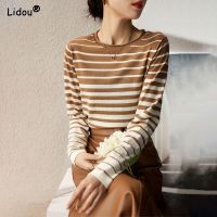 Mercerized Cotton Casual Long Sleeve T-Shirts Striped O-Neck Autumn Winter Women 39;s Clothing Versatile Leisure Knitted Sweater