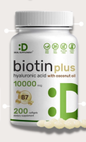 DEAL SUPPLEMENT Biotin 10000mcg Plus Hyaluronic Acid 25mg with Coconut Oil, 200 Softgels, Bioavailable Biotin