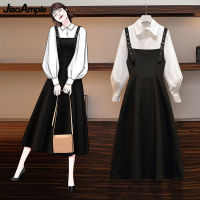 Womens Falls Two Pieces Dress Set  Spring Autumn Office Lady Graceful Puff Sleeve Shirt+long Skirts Suit Basic Outfits