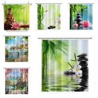 3D Digital Printing Resistant Waterproof Bathroom Shower Curtain Rural Landscape Shower Curtains Creek Stone Lotus Buddha Bath Curtain Natural Scenery Waterproof Bathroom Home Decor with Hooks