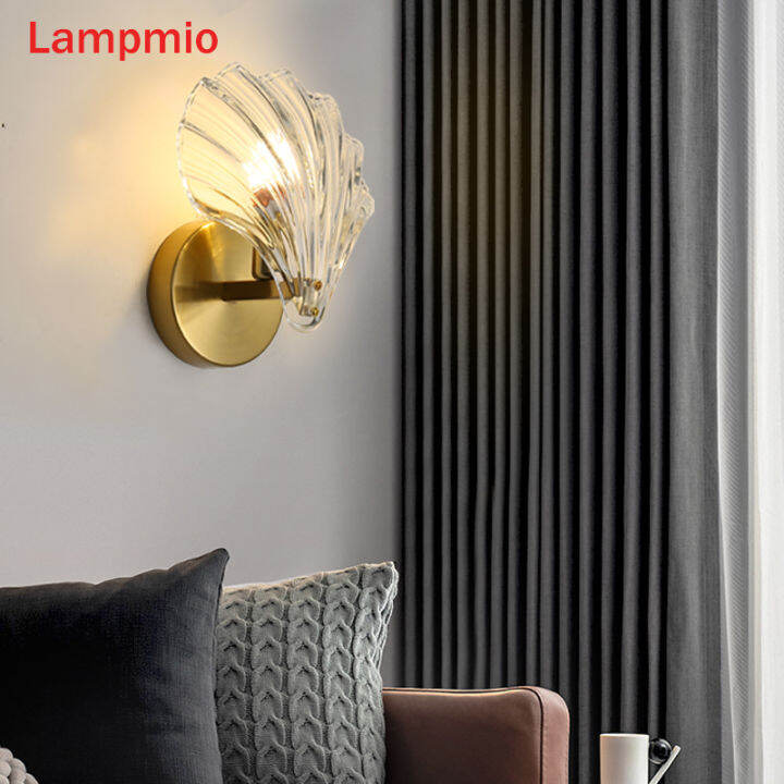 modern-golden-base-wall-lamp-with-glass-lampshade-for-bedroom-shell-shaped-wall-sconce-bedeside-lighting-background-deco