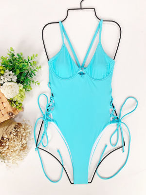 ATUENDO Sexy Womens One-piece Solid Blue Swimsuit Slimming Bathing Swimming Suits for Women Fashion Monokini Push Up Swimwear