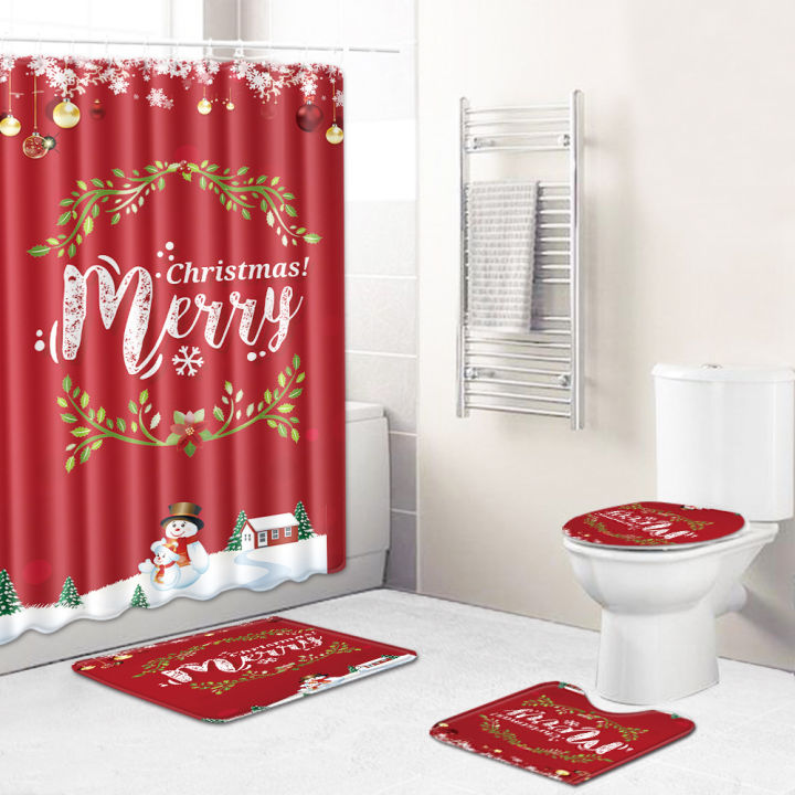 christmas-style-bath-mat-shower-curtain-and-mechanical-wash-non-slip-for-bathroom-floor-absorbent-carpet-set-4psc