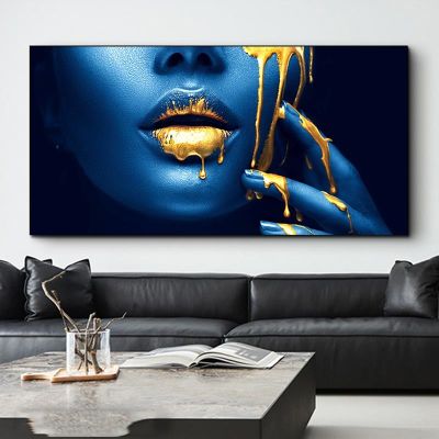 African Golden Sexy Woman Lips Canvas Painting Blue Face Posters and Prints Wall Art Picture for Living Room Home Decor Cuadros