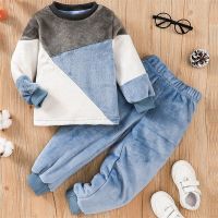 2-7years Kid Boys Plush Pajamas Set Contrast Color Long Sleeve Tops Long Pants Sleepwear For Boys Winter Warm Nightwear Set