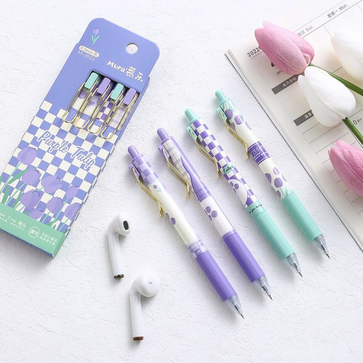 4pcs-purple-tulip-gel-pen-set-flower-design-super-tiny-0-5mm-ballpoint-black-color-ink-for-writing-office-school-f7322-pens