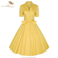 Sishion 2023แขนสั้นผู้หญิงผ้าฝ้ายชุด VD1530 Swing สีเหลือง Navy Blue VINTAGE Hepburn rockabilly PARTY Dress พร้อม SASH