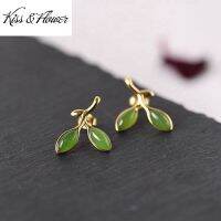 KISS&amp;FLOWER ER227 Fine Jewelry Wholesale Fashion Woman Bride Mother Birthday Wedding Gift Vintage Leaves 24KT Gold Stud Earrings