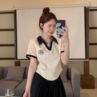 ✆♈✴ American retro POLO shirt right shoulder short-sleeved T-shirt for women summer design niche chic slim fit hot girl short top