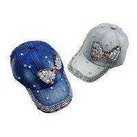 [COD] New sweet cute trendy hat womens colored diamond bow with inlaid label denim baseball cap casual