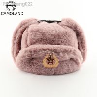 CAMOLAND Women Soviet Badge Russian Ushanka Pilot Bomber Hat Mens Faux Fur Army Military Winter Trapper Earflap Snow Caps