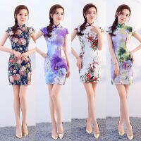 4สีจีนแบบดั้งเดิมชุดผู้หญิงสั้น Qipao Peony Lotus สไตล์จีน Cheongsam งานแต่งงานดอกไม้ R Dress