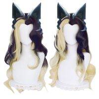 Peluca De Cosplay LOL Coven Ahri, Pelo Largo Y Rizado Ondulado, Resistente Al Calor,Partte Lateral De Fiesta De Halloween, Degradado Negro Negro Y Rubio Mezclado, 80Cm