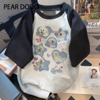 PEAR DODO เสื้อยืดแบบหลวมแขนสั้นพิมพ์ลายลูกสุนัขสไตล์เกาหลีวินเทจสำหรับผู้หญิง