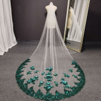 Luxury Bling Sequins ลูกไม้สีเขียวนุ่มสีขาว/งาช้าง Tulle Wedding Veil กับหวี 1 ชั้น 3 เมตรยาวสีสันสดใสผ้าคลุมหน้าเจ้าสาว-Jezker