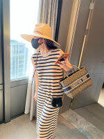 นำเข้าผ้าขนสัตว์ลินินสไตล์วันหยุดเข่าความยาวแขนกุด Slim Stripe Dress Women S Summer