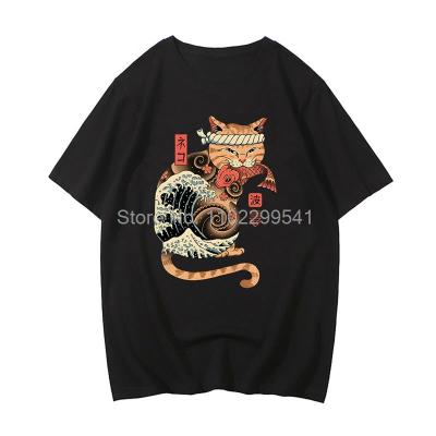 Samurai Cat Tshirt Graphic Print T-Shirt Men Summer Tees Japanese Style Clothing Unisex Couple Cotton T Shirt Streetwear