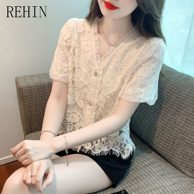 REHIN เสื้อลูกไม้คอวีมีหูไม้สำหรับผู้หญิง,เสื้อเสื้อผู้หญิงแขนสั้นแฟชั่นใหม่ฤดูร้อน