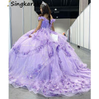 Princess Lilac off Shoulder Ball gown quinceanera ชุดคริสตัลงานเลี้ยงวันเกิด3D ดอกไม้หวาน16ชุดเดรส15ปี...