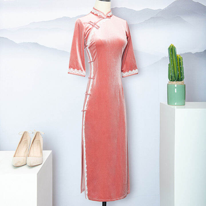 cheongsam-กำมะหยี่สีชมพูทองเด็กสาวยาวจีนชุดดัดแปลงที่สง่างาม