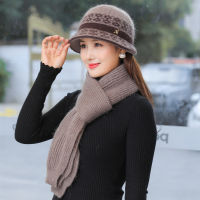 New Women Winter Hat Keep Warm Cap Add Fur Lined Hat &amp; Scarf Warm Set Fashion Hats For Women Casual Lozenge Knitted Bucket Hat