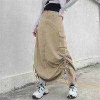 【 Dream-Life】ผู้หญิง Workwear Maxi กระโปรงด้านข้าง Smocked ปรับ Drawstring Slit กระโปรงสีทึบสไตล์ลำลองชุดฤดูร้อนหลวม