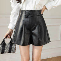 REALEFT Autumn Winter Button Womens Faux PU Leather Shorts  New High Waist Ladies Elegant Short Trousers Pocket Female