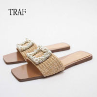 【CW】TRAF Slippers Women 2022 Sandals Woman Summer Flat Sandals Female Elegant Sequins Slippers Designer Party Slingback Lady Shoes