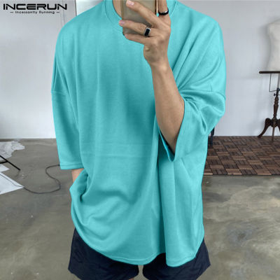 INCERUN เสื้อยืดสีพื้นคอกลมแขนสั้นสำหรับผู้ชายเสื้อยืดแบบสวมหลวมๆ (สไตล์เกาหลี)