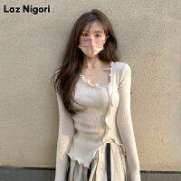 Laz Nigori เสื้อถักฤดูใบไม้ร่วงและฤดูหนาวผู้หญิง,เสื้อถักแขนยาวคอไม่สม่ำเสมอเสื้อยาวปิดถึงก้น