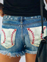 ฤดูร้อนแฟชั่น Ripped Denim สั้นหญิงสบายๆปุ่ม Fringed กางเกงยีนส์สั้นผู้หญิงเย็บปักถักร้อยพิมพ์ Streetwear กางเกงขาสั้น...