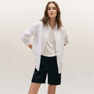 Fashion 2023 MASSIMO DUTTI,ชุดผ้าฝ้ายแฟชั่นใหม่ฤดูร้อนลำลองแบบตรงหลวมกระเป๋าประดับร้อย Mu กางเกงขาสั้นนาวี