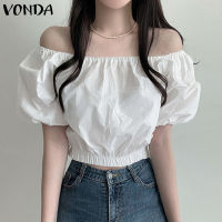 Fancystyle VONDA เสื้อลำลองผู้หญิงคอกลมแขนพองหนึ่งไหล่เสื้อสวมหัวยางยืดวันหยุด