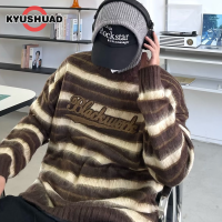 KYUSHUAD เสื้อสเวตเตอร์แขนยาวสำหรับผู้ชาย,เสื้อสเวตเตอร์เสื้อกันหนาวเรโทรสาวอุ่นย้อนยุคคอกลมแนวสตรีทแบบอเมริกัน