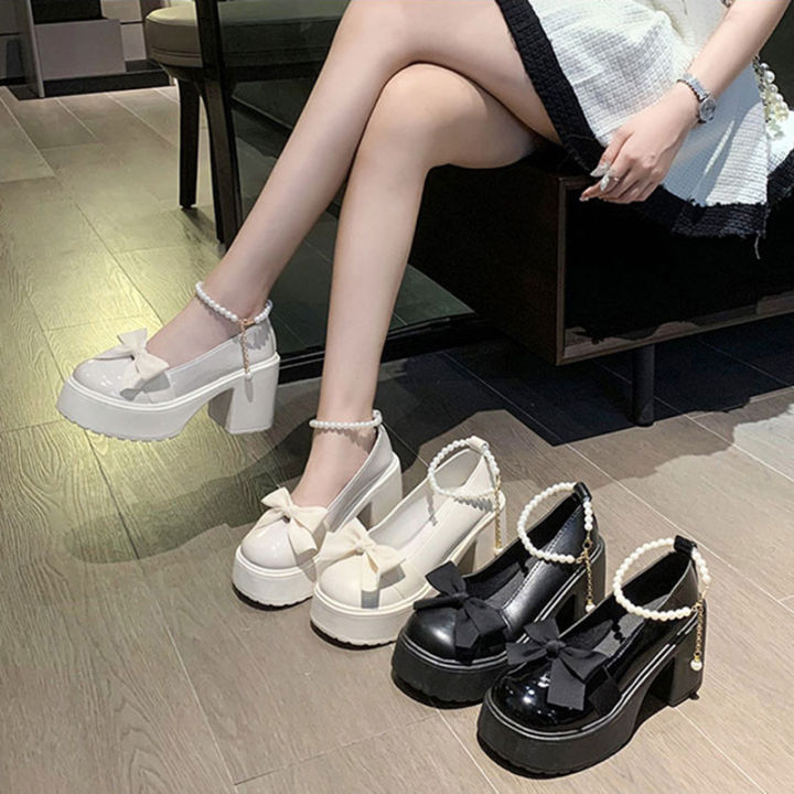 kaidewemak-ส่งจากไทย-สไตล์แมรี่-เจน-สร้อยข้อเท้ามุกสวยหรูด้วย-สไตล์สาวบริสุทธิ์เวอร์ชั่นเกาหลี-รองเท้าส้นสูง