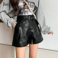 2021 New Autumn Winter Black Womens PU Leather Shorts with Belted High Waist Ladies Elegant Short Trousers Female