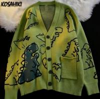Woherb Spring Autumn V Neck Sweater Cardigan Women Dinosaur Cartoon Print Knit Cardigan Female 2022 Harajuku Knitwear Sweater