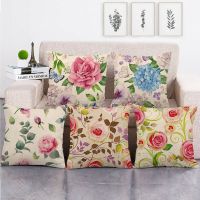 Linen Flowers Floral Plant Leaves Cushion Pillowcase Roses Chrysanthemum Throw Pillow for Home Chair Decorative Bouquet Pillow