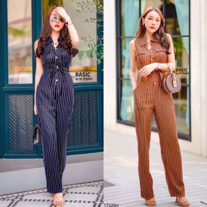 jumpsuit-จั้มสูทผ้าลายริ้ว-คอปก-ขายาว-ทรงแขนกุดติดกระดุมลาย-อกมีกระเป๋าหน้า-มาพร้อมสายผูกเอว