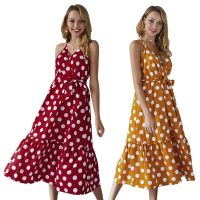 Summer Print Polka Dot Dress Women Spaghetti Strap V-Neck Dress Off Shoulder Sleeveless Mid Dress Beach Dress