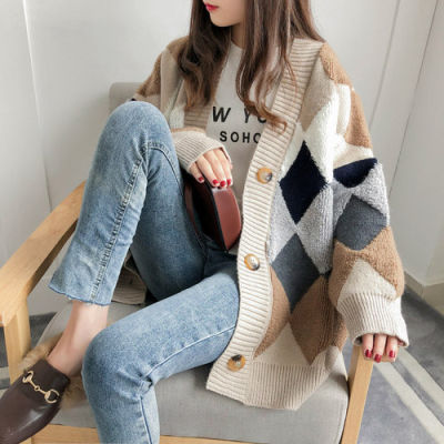 Women Loose V-neck Knitted Cardigan Sweater Korean Single-breasted Pockets Outerwear Tops  Harajuku Plaid Print Sweaters Top