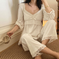 QWEEK Sleepwear Cotton Vintage Clothes Lace Pajamas Women Room Wear Pyjama Pour Femme Princess Pijamas Feminino White Loungewear