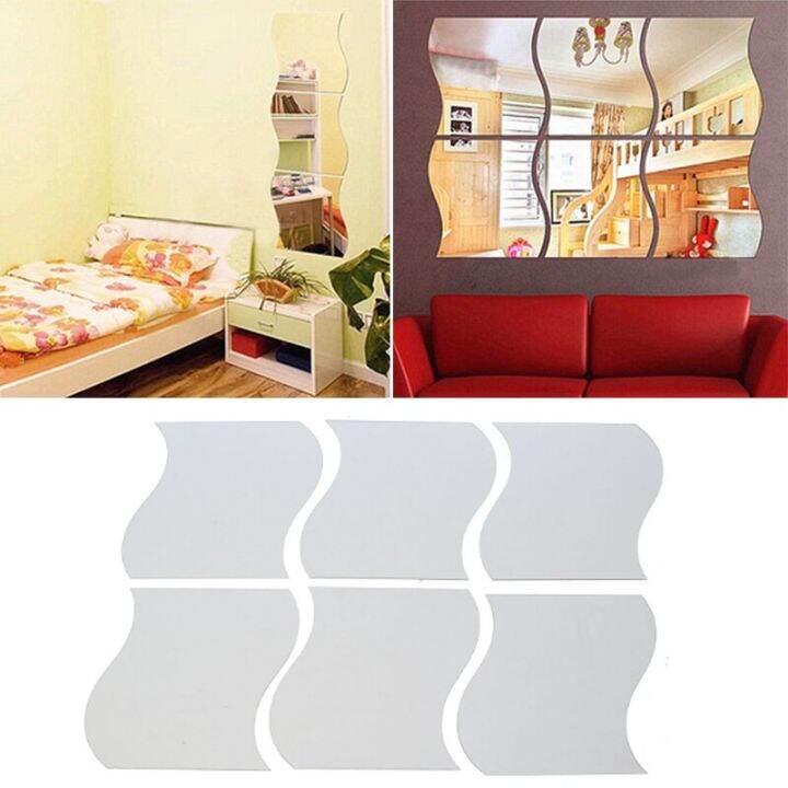 sale-nancarenko1977-6ชิ้น-เซ็ต3d-diy-removable-wave-ชุดกระจกผนังสติกเกอร์ตกแต่งบ้าน-home-wall-decal-สติ๊กเกอร์ติดผนัง-wall-papers