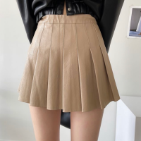 Chic lapel double-pocket black leather jacket jacket winter  new Korean leather pleated mini skirt two-piece suit women