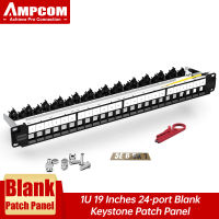 AMPCOM 24-Port Blank Keystone Patch Panel,1U Stp/utp,19นิ้ว Rack Wall Mount พร้อมแผงการจัดการสายเคเบิลด้านหลัง,RJ45 Ethernet